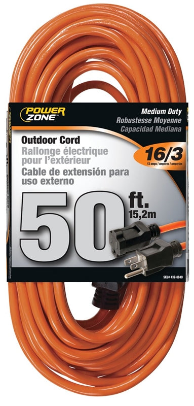 Rallonge d'extérieur 16/3 13A de 50' à 1 prise (Orange) POWER ZONE - Quincaillerie G.H. Berger