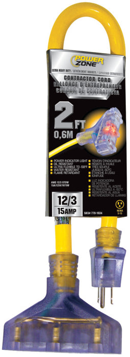 Rallonge d'extérieur 12/3 15A de 2' à 3 prises (Jaune) POWER ZONE - Quincaillerie G.H. Berger