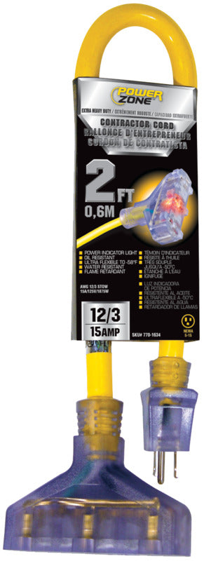 Rallonge d'extérieur 12/3 15A de 2' à 3 prises (Jaune) POWER ZONE - Quincaillerie G.H. Berger