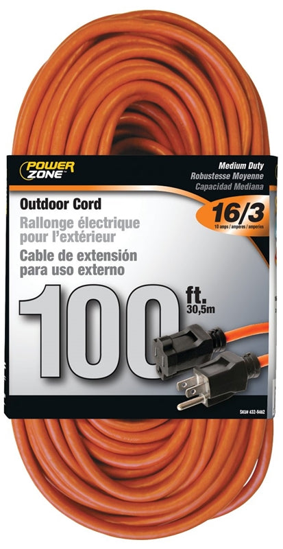 Rallonge d'extérieur 16/3 10A de 100' à 1 prise (Orange) POWER ZONE - Quincaillerie G.H. Berger