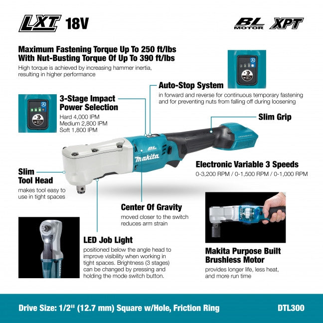 Clé à chocs coudée Makita 1/2" 18 V LXT - Outil seulement