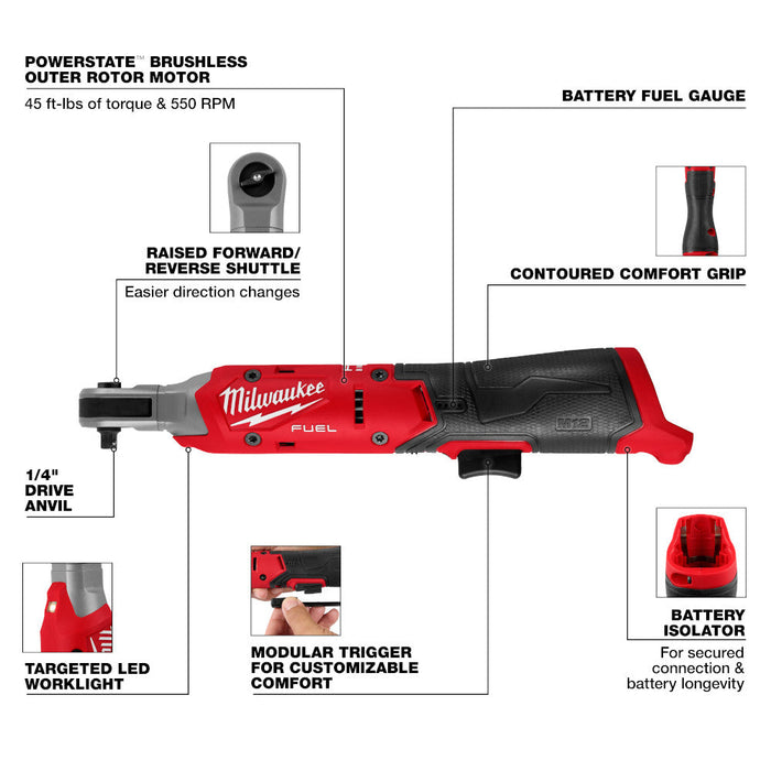 Clé à rochet M12 FUEL 1/4" Milwaukee - Outil seulement