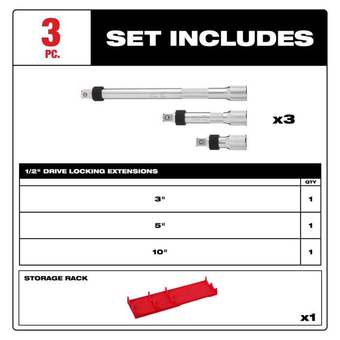 Ensemble de 3 rallonges pour douilles à prise 1/2" Milwaukee - Quincaillerie G.H. Berger