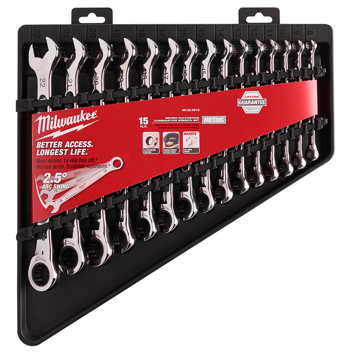Ensemble de 15 clés combinées à cliquet métriques Milwaukee - Quincaillerie G.H. Berger