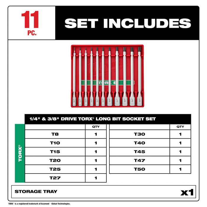 Ensemble de 11 douilles longues à prise 1/4" et 3/8" à embout Torx Milwaukee - Quincaillerie G.H. Berger