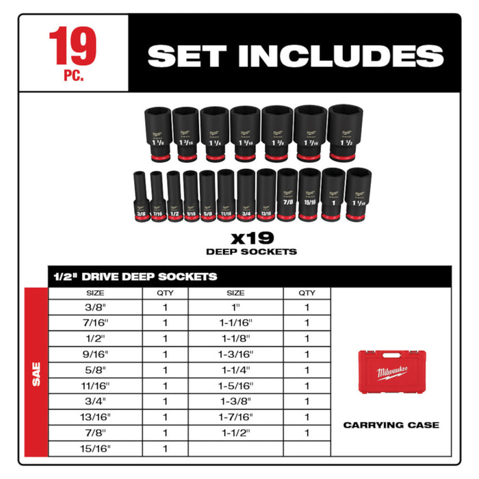 Ensemble de 19 douilles à chocs 6 pans à prise 1/2" - SAE Milwaukee - Quincaillerie G.H. Berger