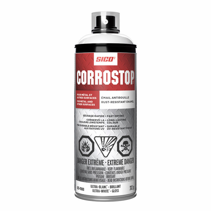 Peinture antirouille en aérosol - Corrostop - Ultra blanc - Fini lustré - 312 g SICO - Quincaillerie G.H. Berger